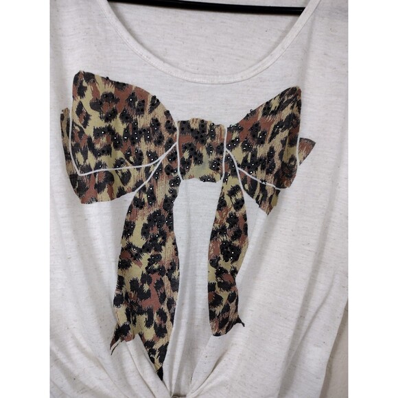 VTG Y2K Wet Seal Small Shirt Tan Brown Leopard Print Bow Knot Tie Front Beaded - Picture 2 of 6